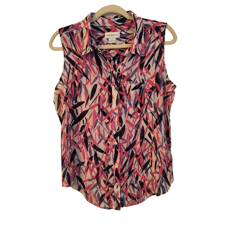LIz Claiborne Sleeveless Button up Top Women's Sz M Multicolor Semi Sheer Blouse